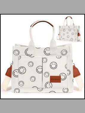 Canvas Tote Bag Multi Pocket Shoulder Crossbody Handbag Leather Handles